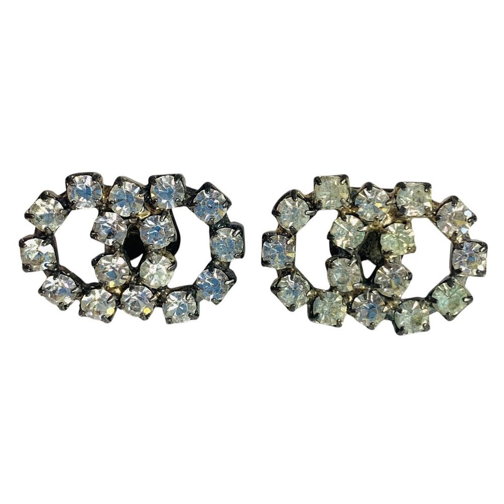 Vintage Pair Shoe Clips Rhinestone Silvertone Adjoining Circles .75 x 1 Inch